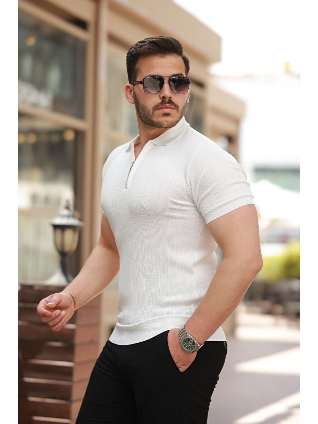 Beyaz Erkek Fermuar Yakalı Kısa Kollu Tişört-1