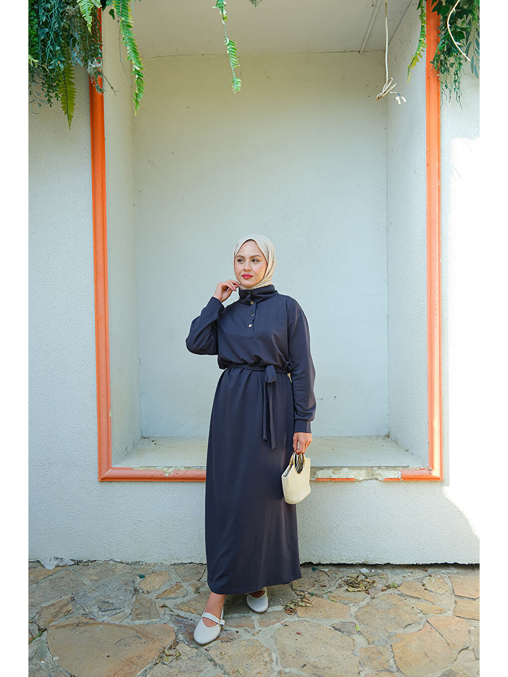 Kadın Yüksek Yaka Çıtçıtlı Elbise İndigo Mavi-3