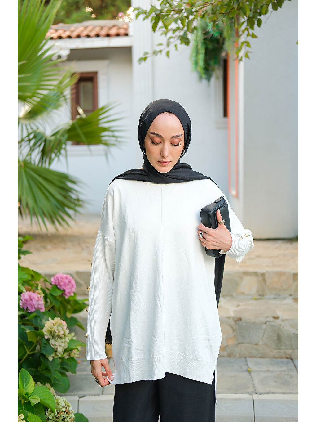 Kadın Kolları Düğme Detaylı Tunik Ekru-3