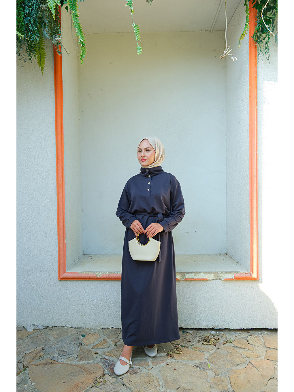 Kadın Yüksek Yaka Çıtçıtlı Elbise İndigo Mavi-4