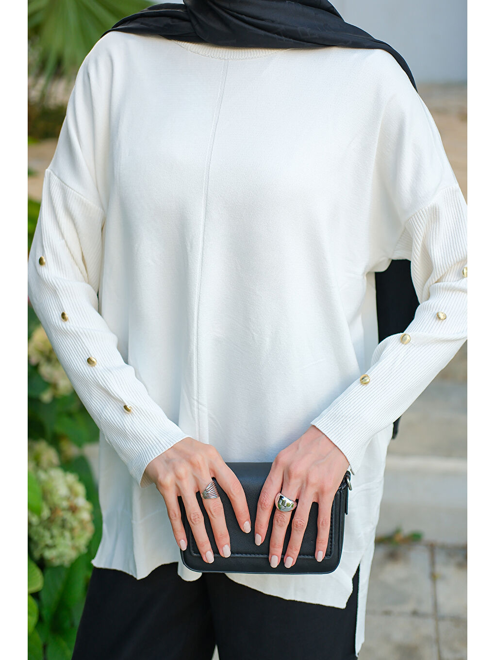 Kadın Kolları Düğme Detaylı Tunik Ekru-4