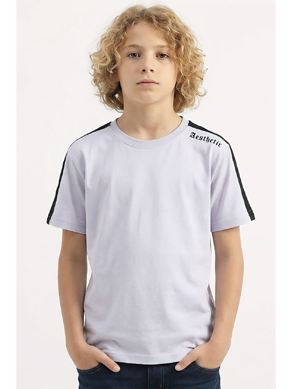 Gri Erkek Çocuk Omuz Biyeli ve Yazılı T-Shirt 8-12 Yaş 12558