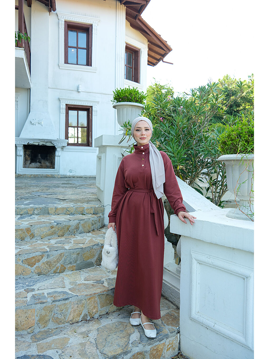 Kahverengi Kadın Yüksek Yaka Çıtçıtlı Elbise Kiremit-1