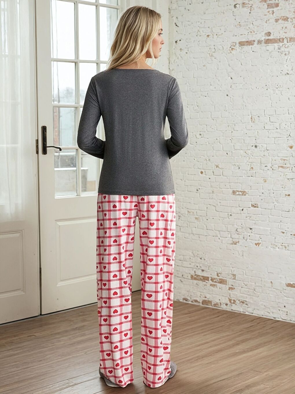 Gri Kalp Baskılı Uzun Kollu Pijama Takım-2