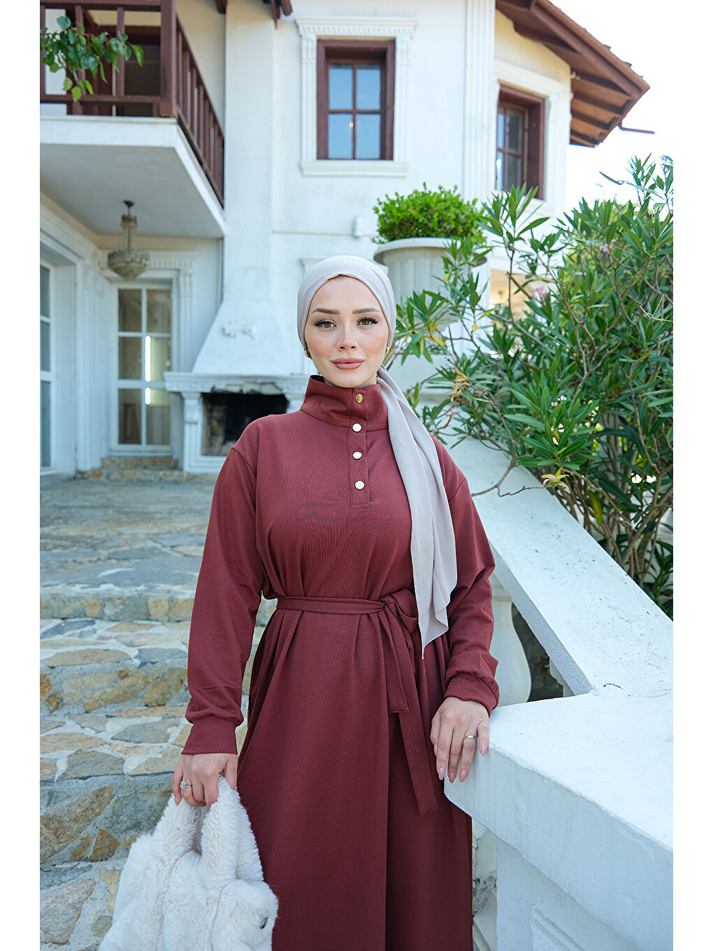 Kahverengi Kadın Yüksek Yaka Çıtçıtlı Elbise Kiremit-2