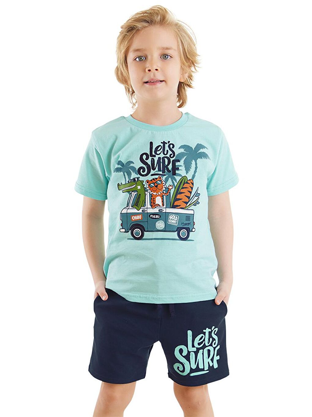 Denokids Mavi Let's Surf Erkek Çocuk T-shirt Şort Takım