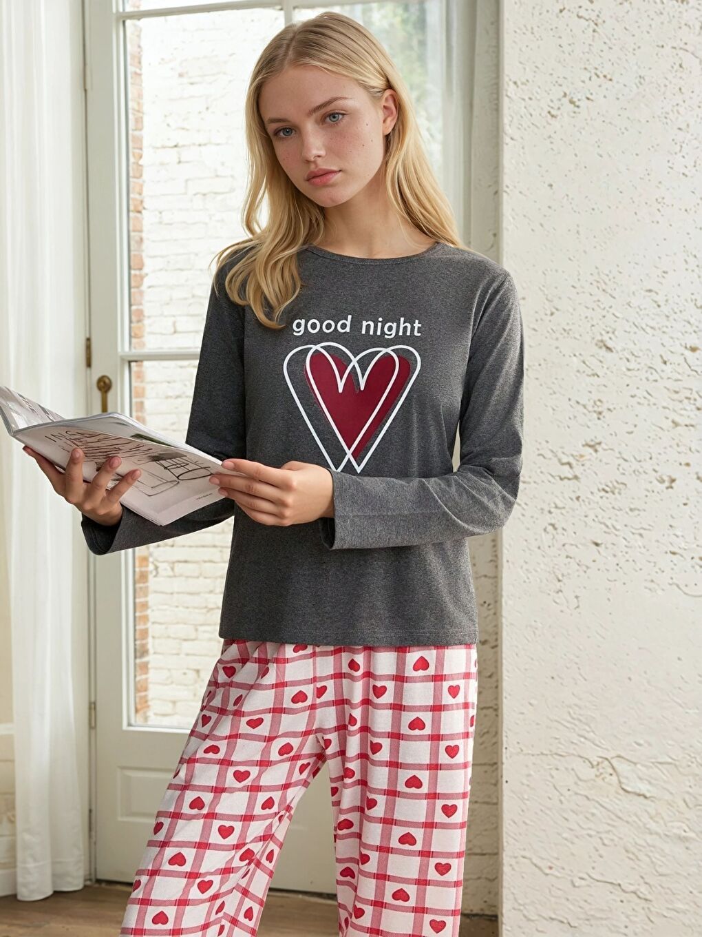 Gri Kalp Baskılı Uzun Kollu Pijama Takım-3