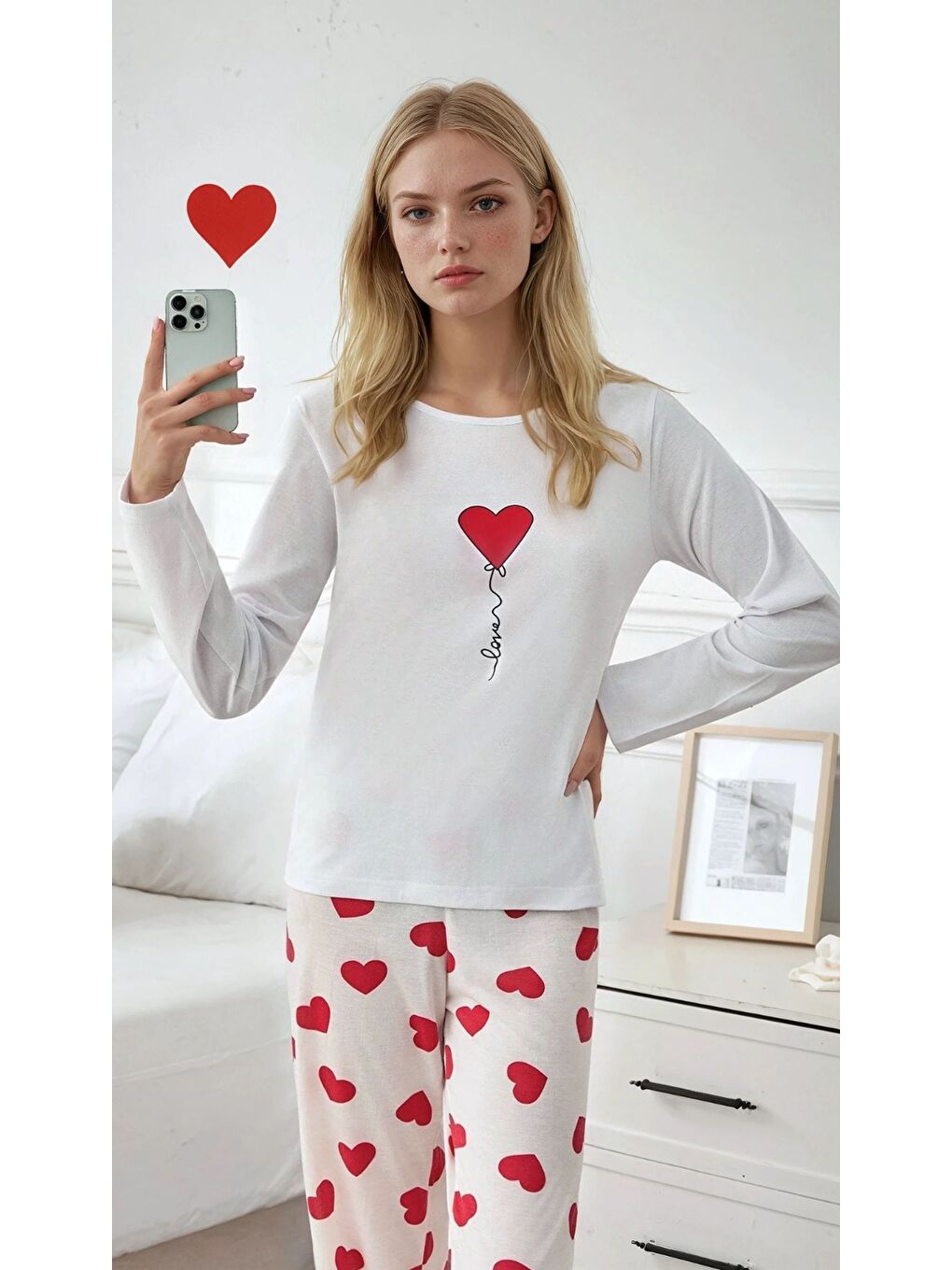 Beyaz Love Balloon Baskılı Kalpli Uzun Kol Kadın Pijama Takımı-1