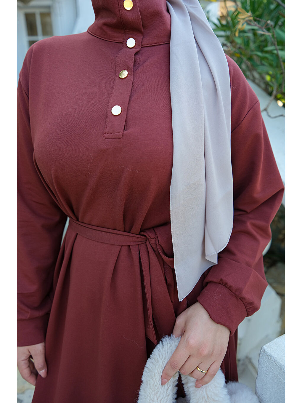 Kahverengi Kadın Yüksek Yaka Çıtçıtlı Elbise Kiremit-4