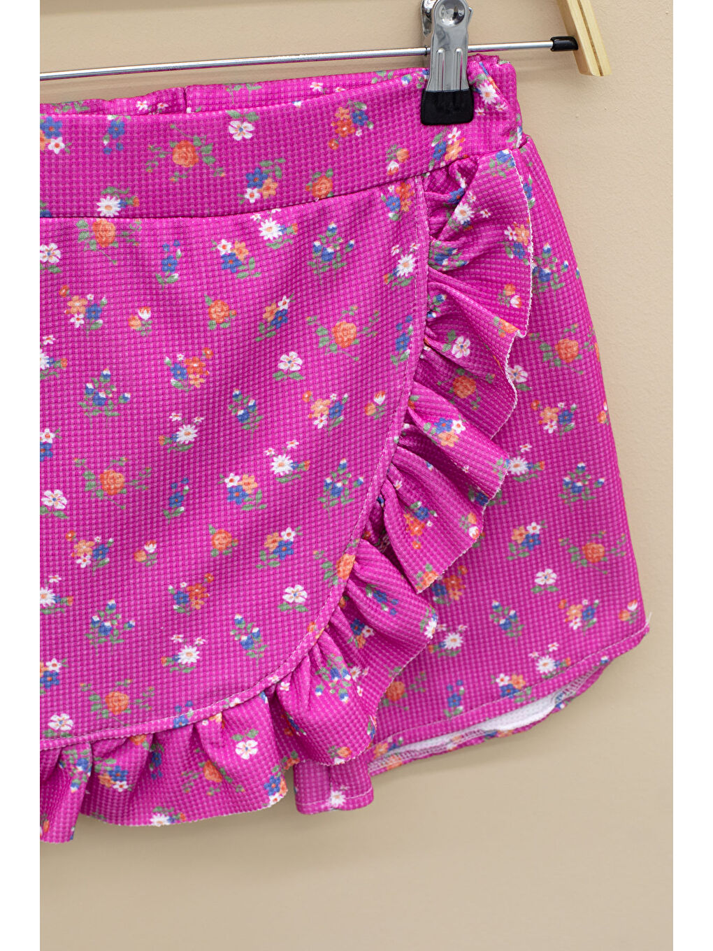 Fuşya Kolları Fırfırlı Çiçek Desenli Şort Etekli 2'li Takım 20718-2