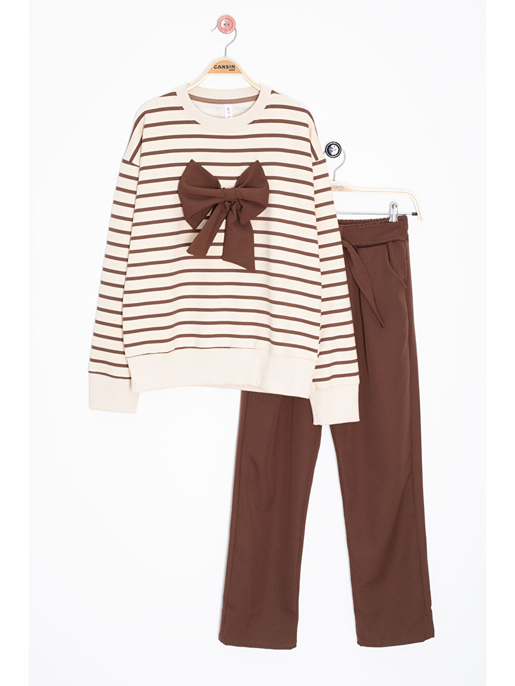 Kahverengi Kahve Çizgili Sweatshirt Kuşaklı Pantolonlu Kız Çocuk Takım 20654-1