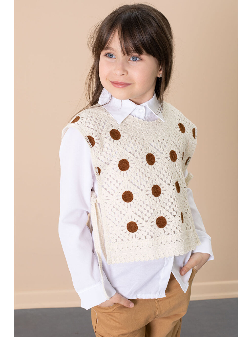 Kahverengi Kahve Puantiyeli Süveterli Pantolonlu Kız Çocuk Gömlekli 3lü Takım 20684-3