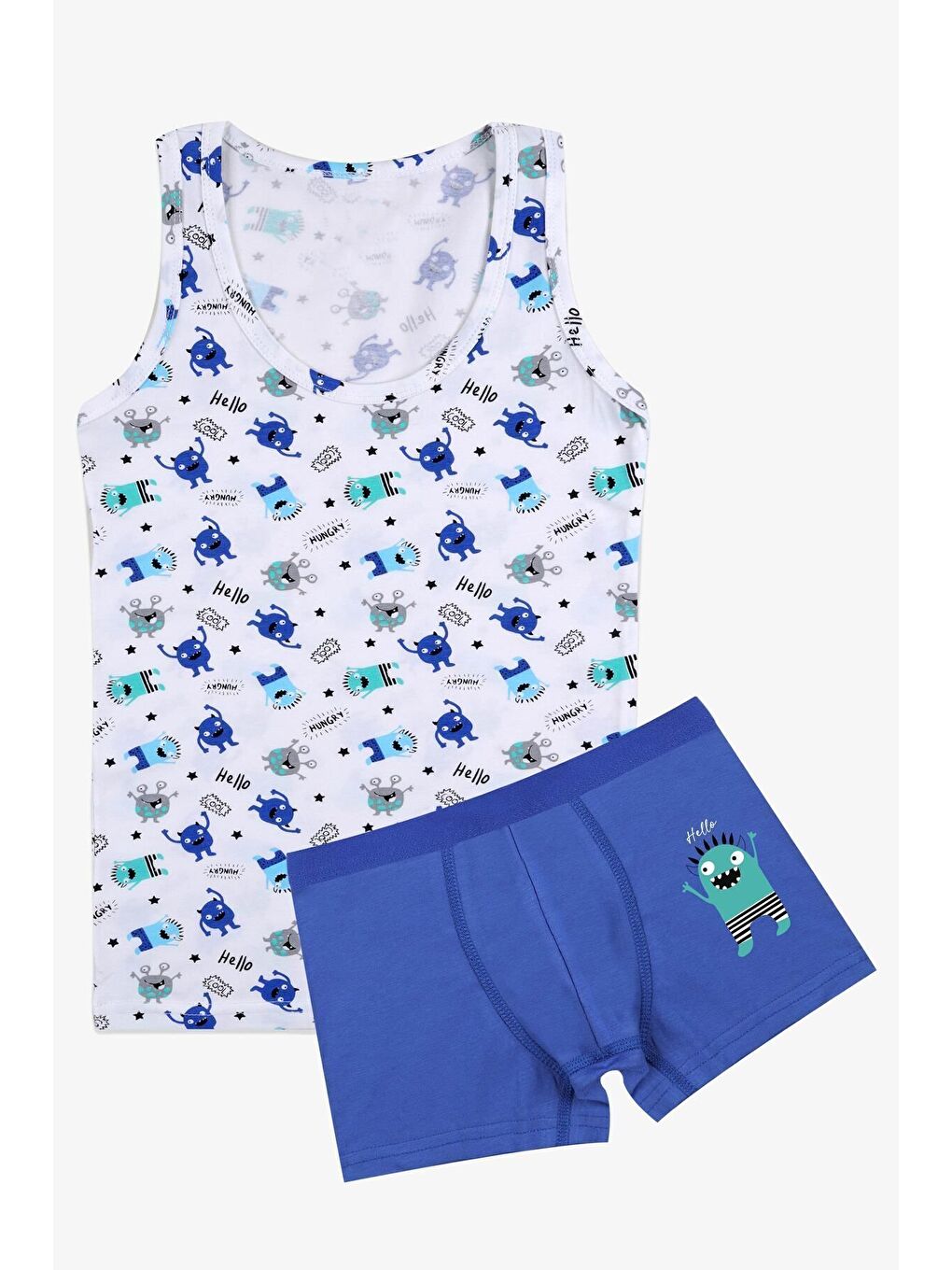Mavi Erkek Çocuk Roket Desenli Atlet Boxer Takım