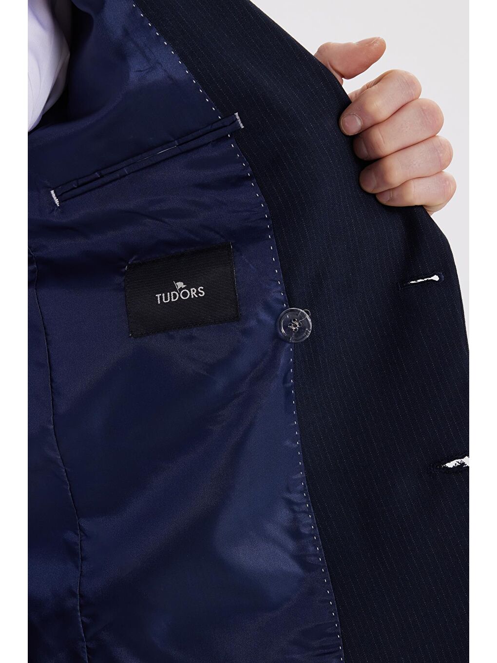 Erkek Slim Fit Sivri Yaka Çizgili Kapaklı Cepli Lacivert Takım Elbise-7