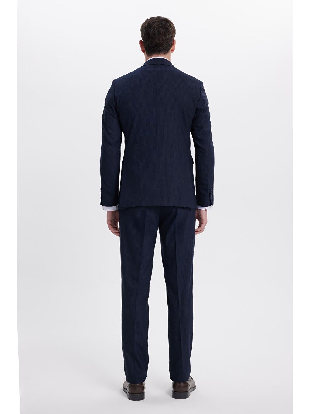 Erkek Slim Fit Sivri Yaka Çizgili Kapaklı Cepli Lacivert Takım Elbise-9