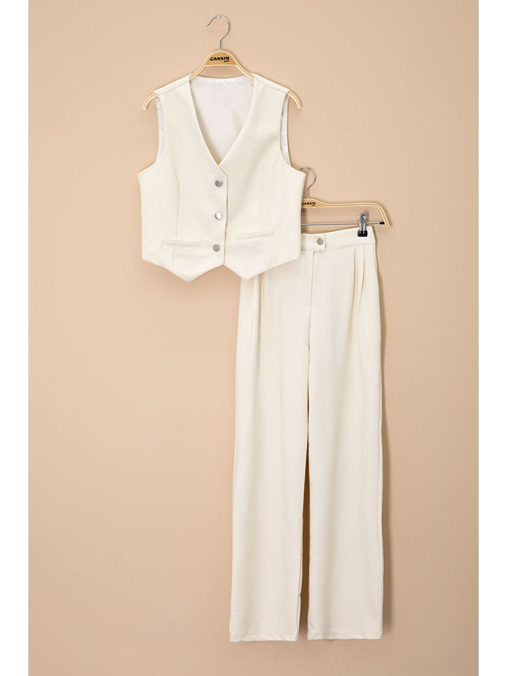 Ekru Krem V Yaka Düğmeli Yelekli Geniş Paça Pantolonlu Kız Çocuk 2li Takım 20722-1