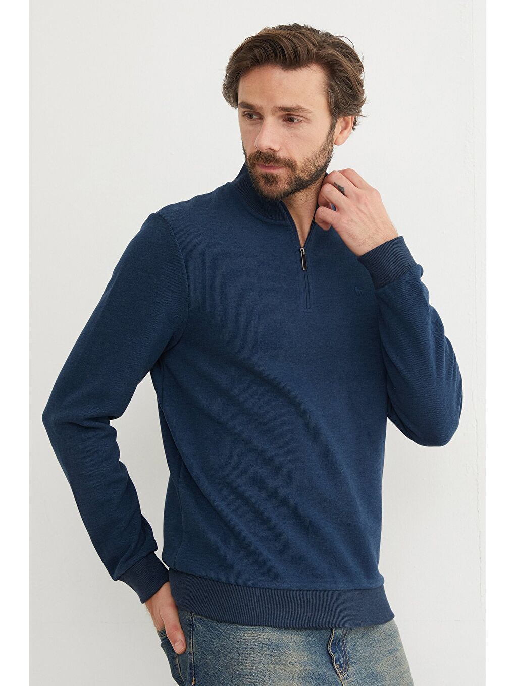 İndigo Fitilli Dik Yaka Yarım Fermuarlı Büyük Beden Sweatshirt