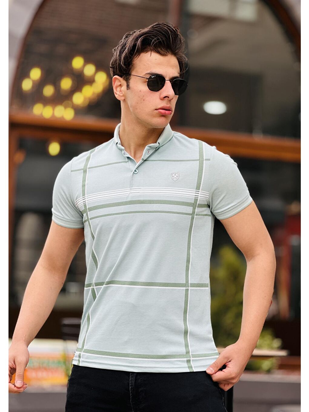 Turkuaz Ekose Baskı Detaylı Polo Yaka Kısa Kollu Tişört 41203-Su Yeşili