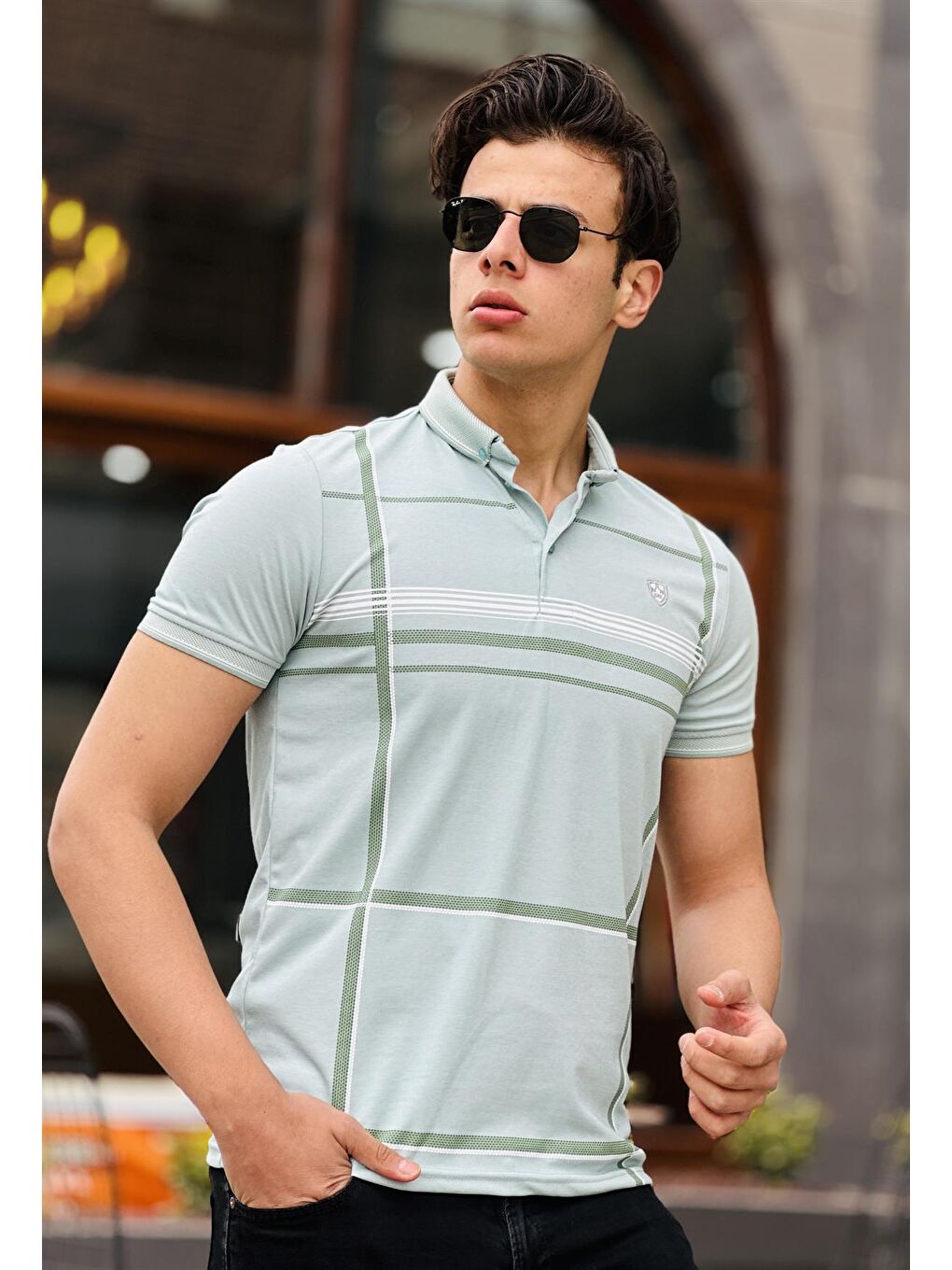 Turkuaz Ekose Baskı Detaylı Polo Yaka Kısa Kollu Tişört 41203-Su Yeşili-1