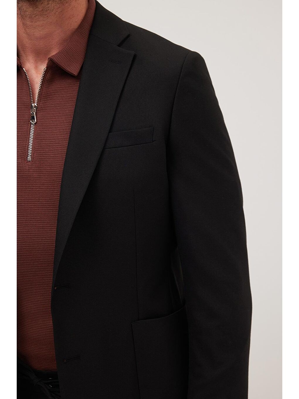 Erkek Slim Fit Mono Yaka Elastanlı Esnek Kumaş Siyah Takım Elbise-2