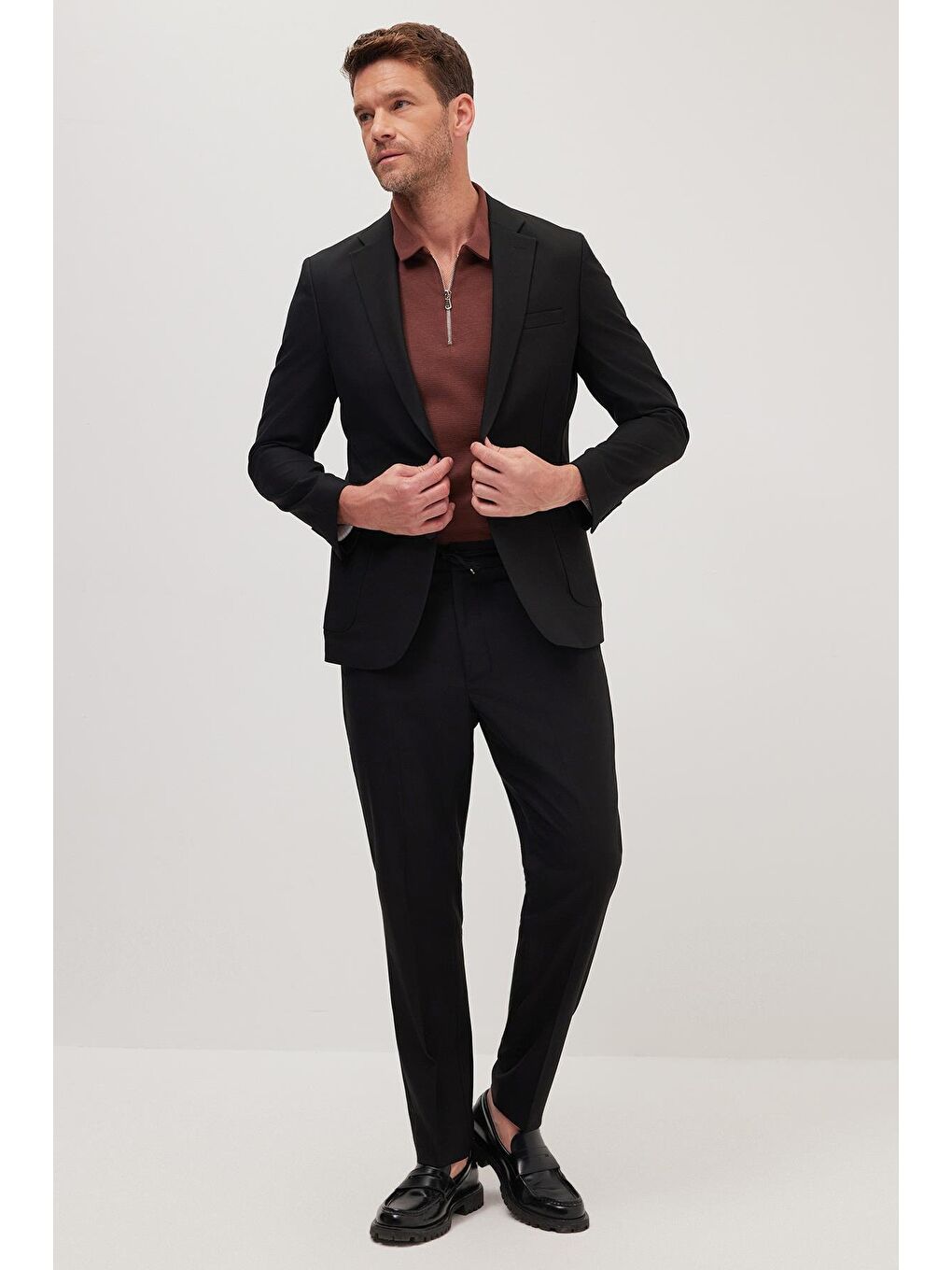 Erkek Slim Fit Mono Yaka Elastanlı Esnek Kumaş Siyah Takım Elbise-3