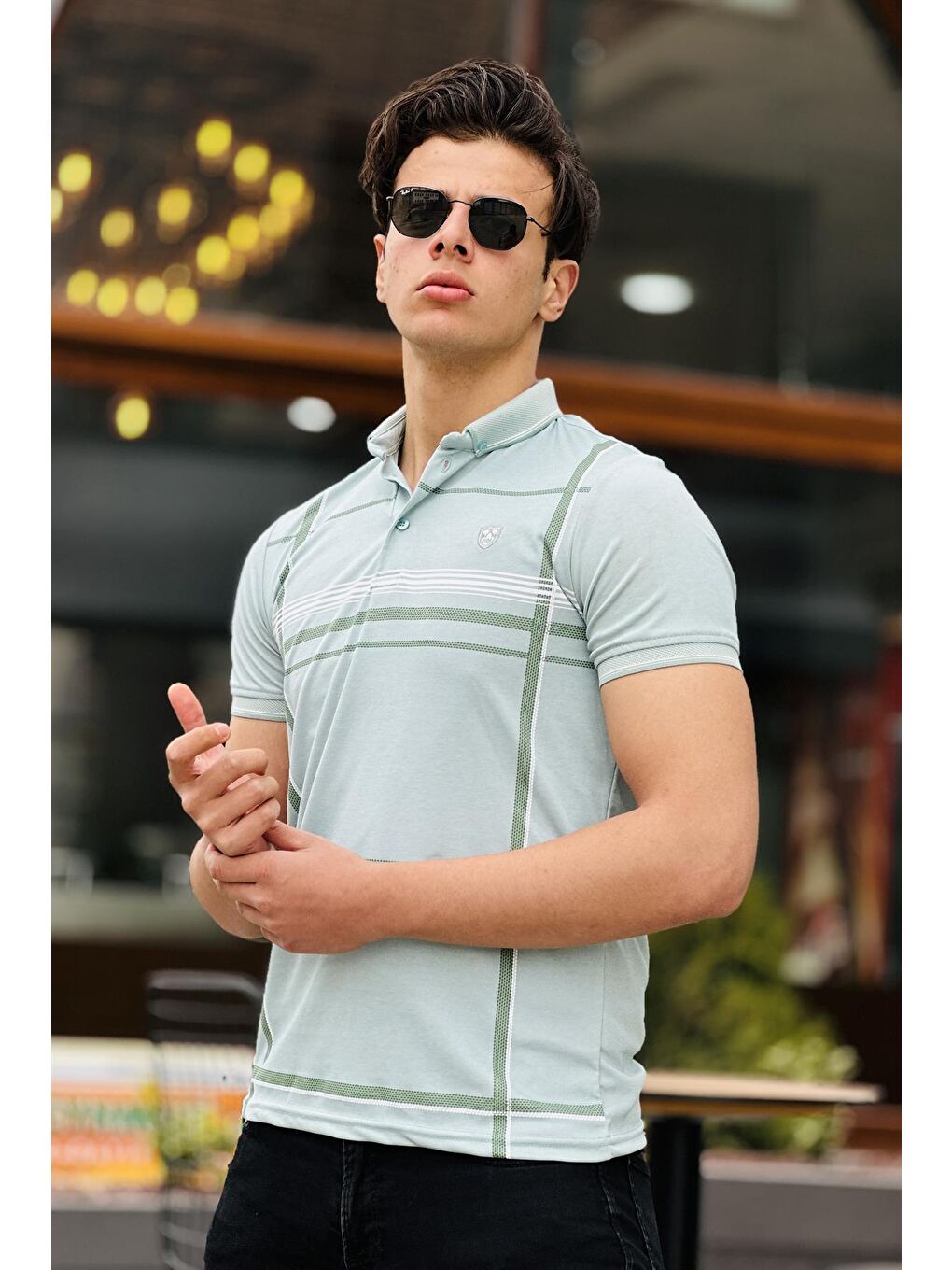 Turkuaz Ekose Baskı Detaylı Polo Yaka Kısa Kollu Tişört 41203-Su Yeşili-2