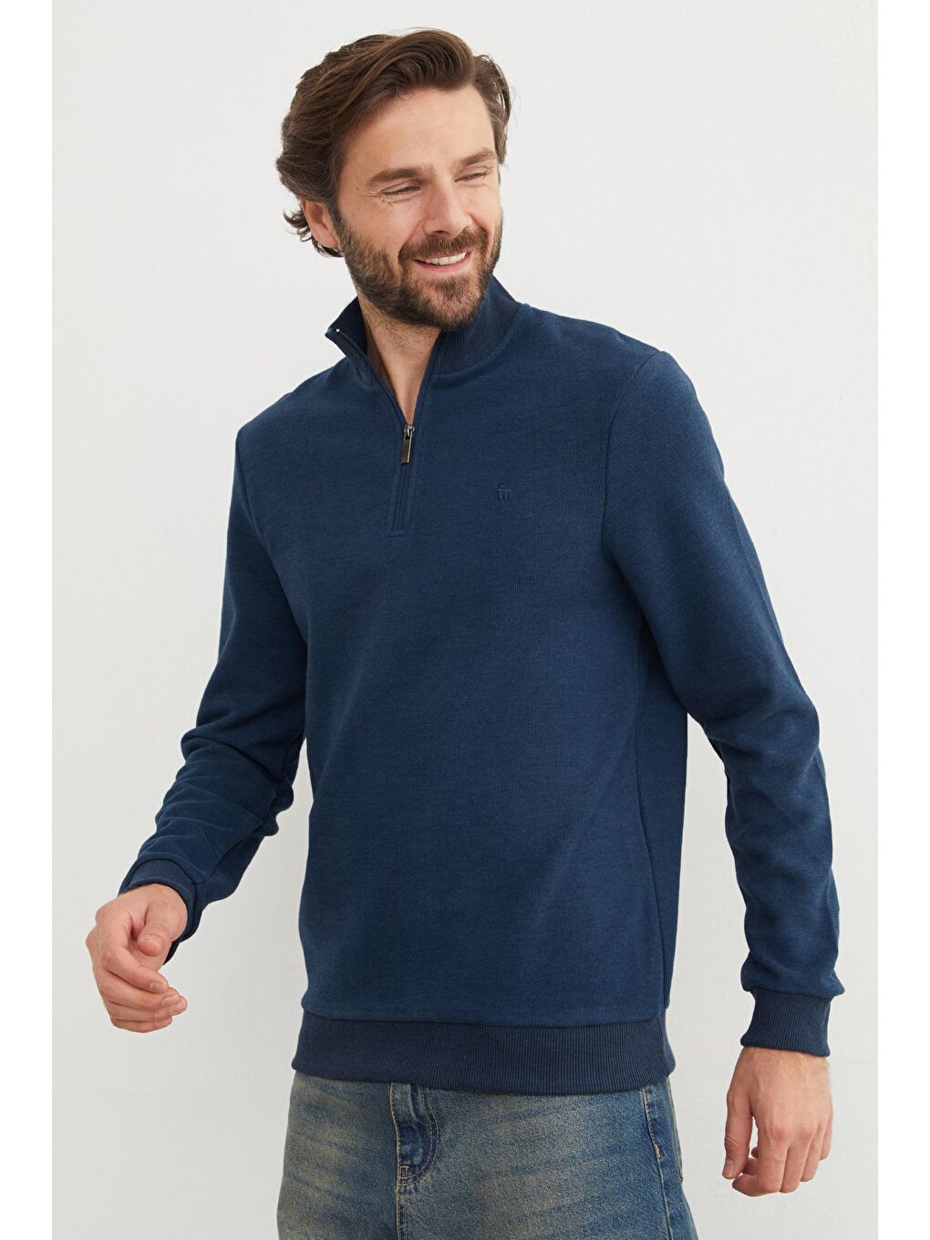 İndigo Fitilli Dik Yaka Yarım Fermuarlı Büyük Beden Sweatshirt-1