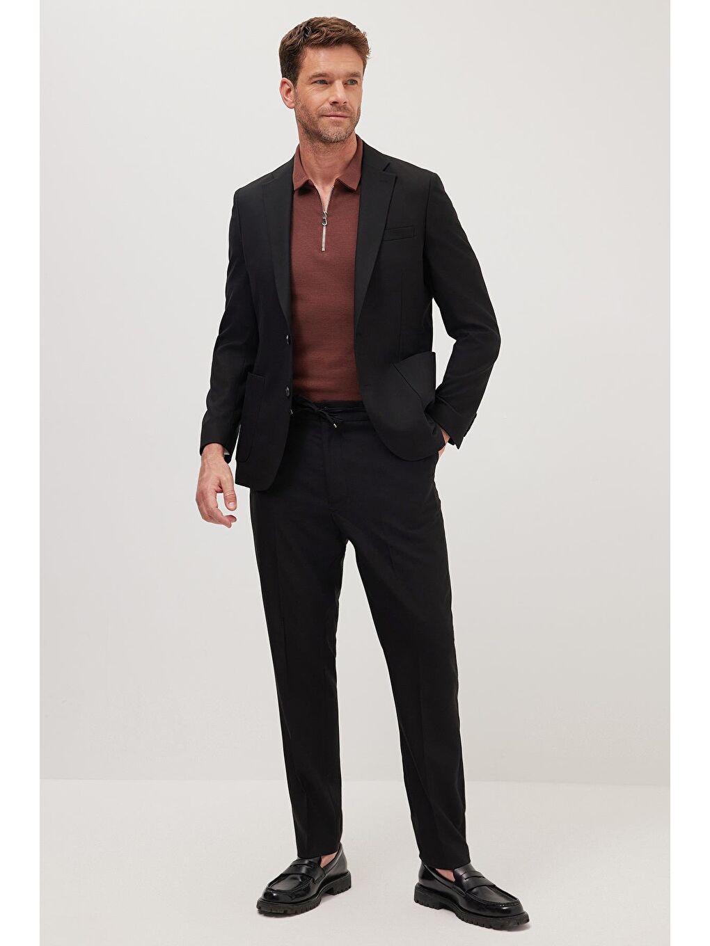 Erkek Slim Fit Mono Yaka Elastanlı Esnek Kumaş Siyah Takım Elbise-4