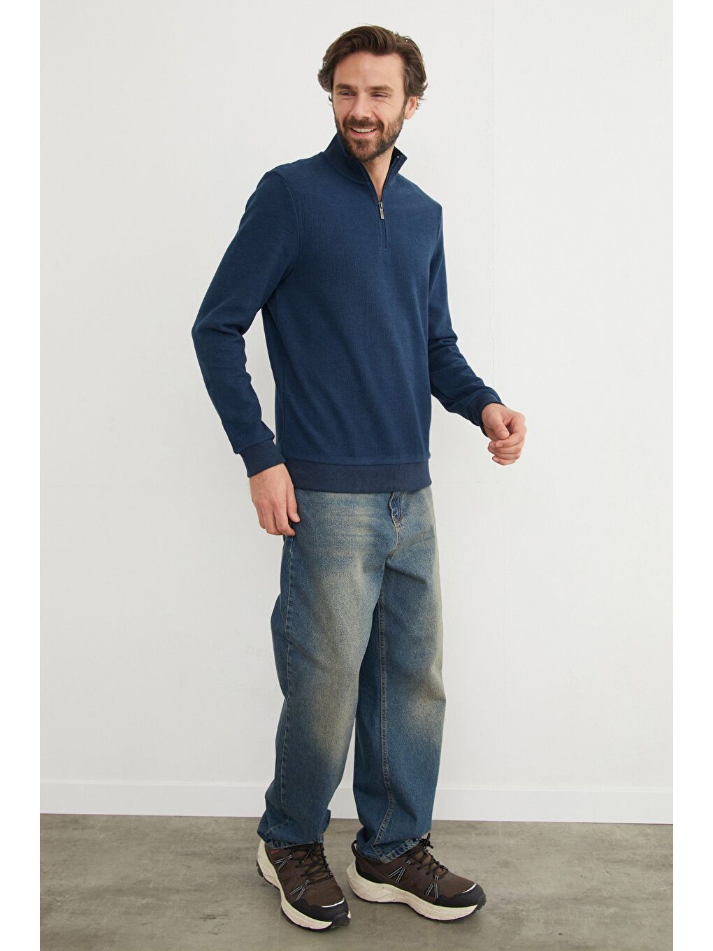 İndigo Fitilli Dik Yaka Yarım Fermuarlı Büyük Beden Sweatshirt-2