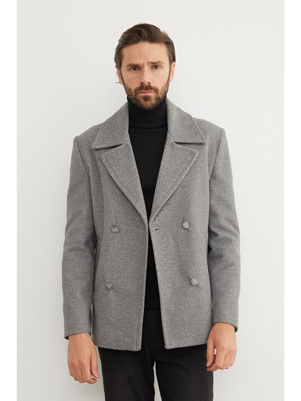 Gri Düğmeli Kruvaze Yaka Kaşe Kaban-2