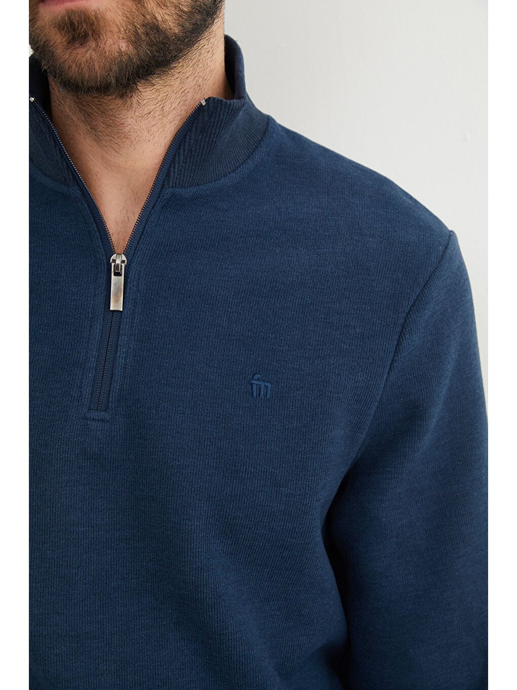 İndigo Fitilli Dik Yaka Yarım Fermuarlı Büyük Beden Sweatshirt-3