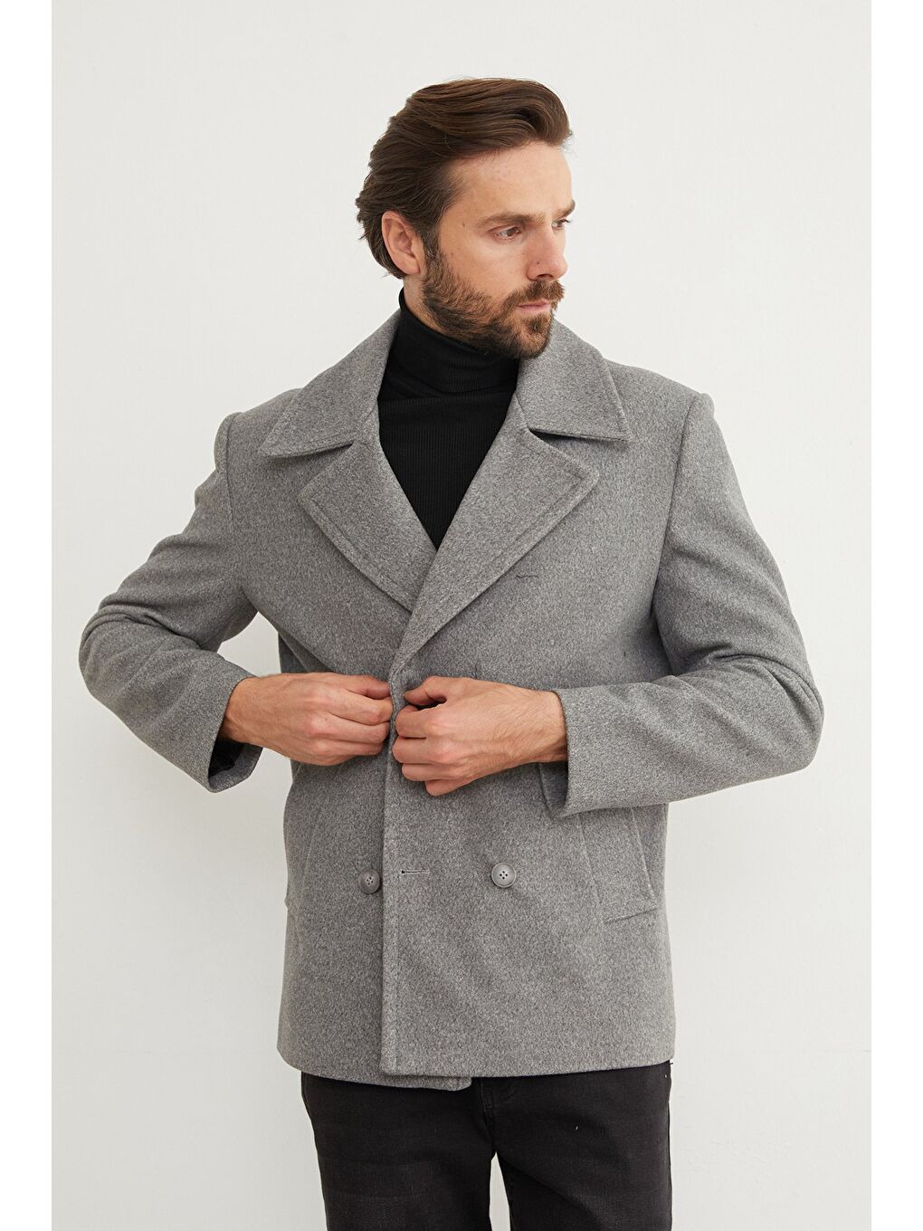 Gri Düğmeli Kruvaze Yaka Kaşe Kaban-4