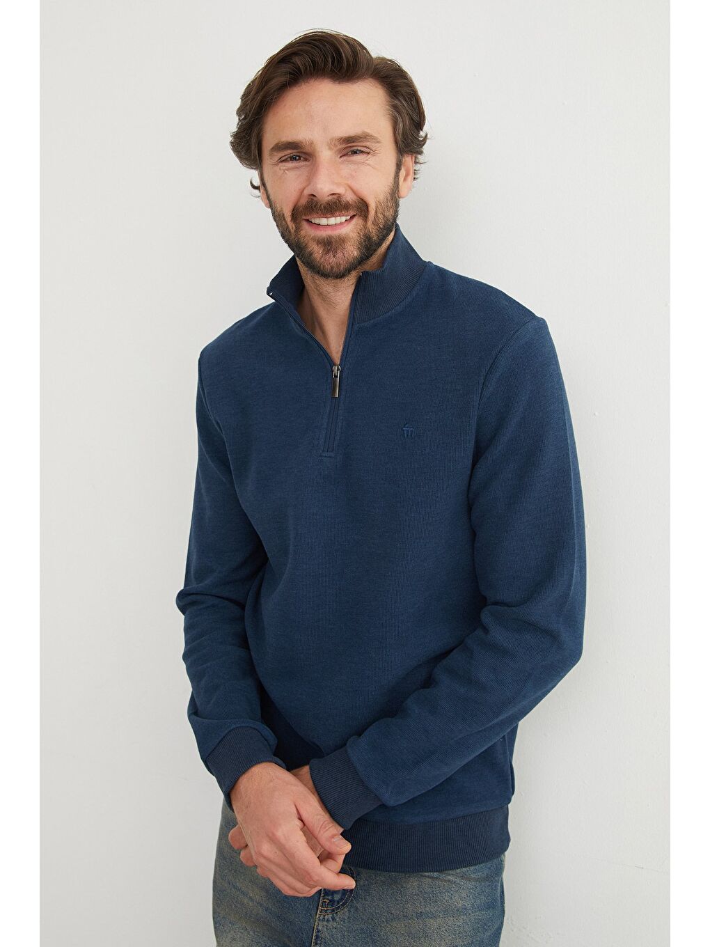 İndigo Fitilli Dik Yaka Yarım Fermuarlı Büyük Beden Sweatshirt-4