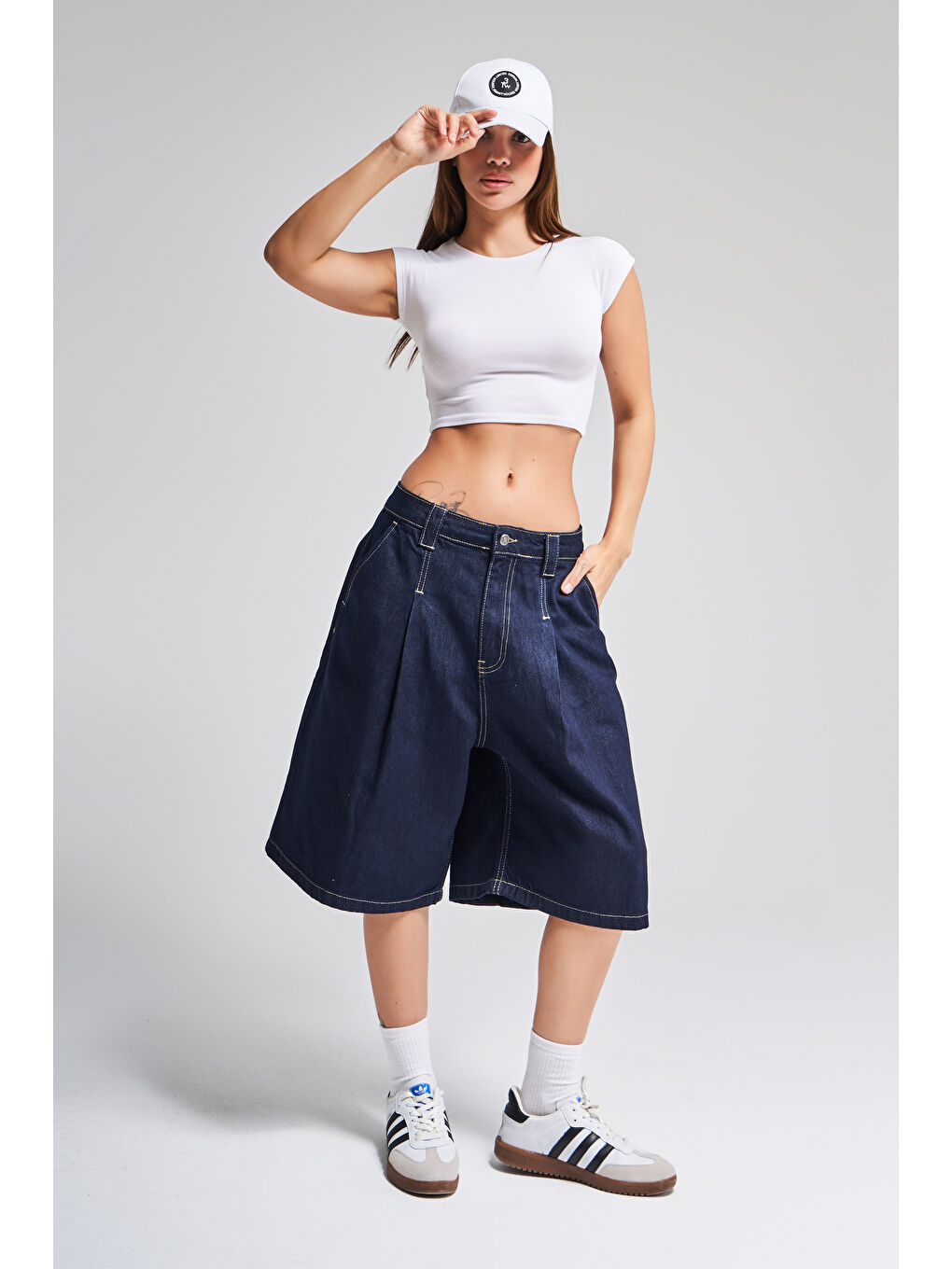 Kadın İndigo Renk 7s5 50 Skater Fit Maxi Boy Bol Kesim  100 Pamuk Denim Şortolon-1