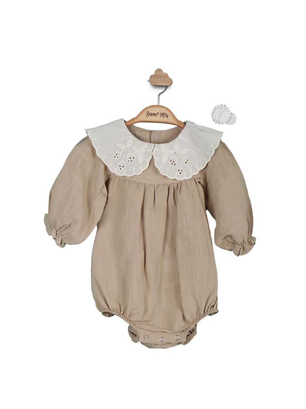 Bej Fisto Yaka Keten Kız Bebek Romper Toka Takım
