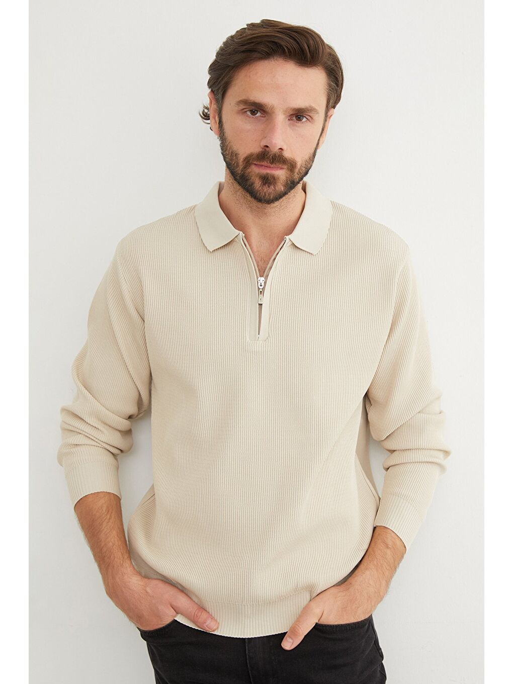 Bej Fitilli Yarım Fermuarlı Triko Kazak