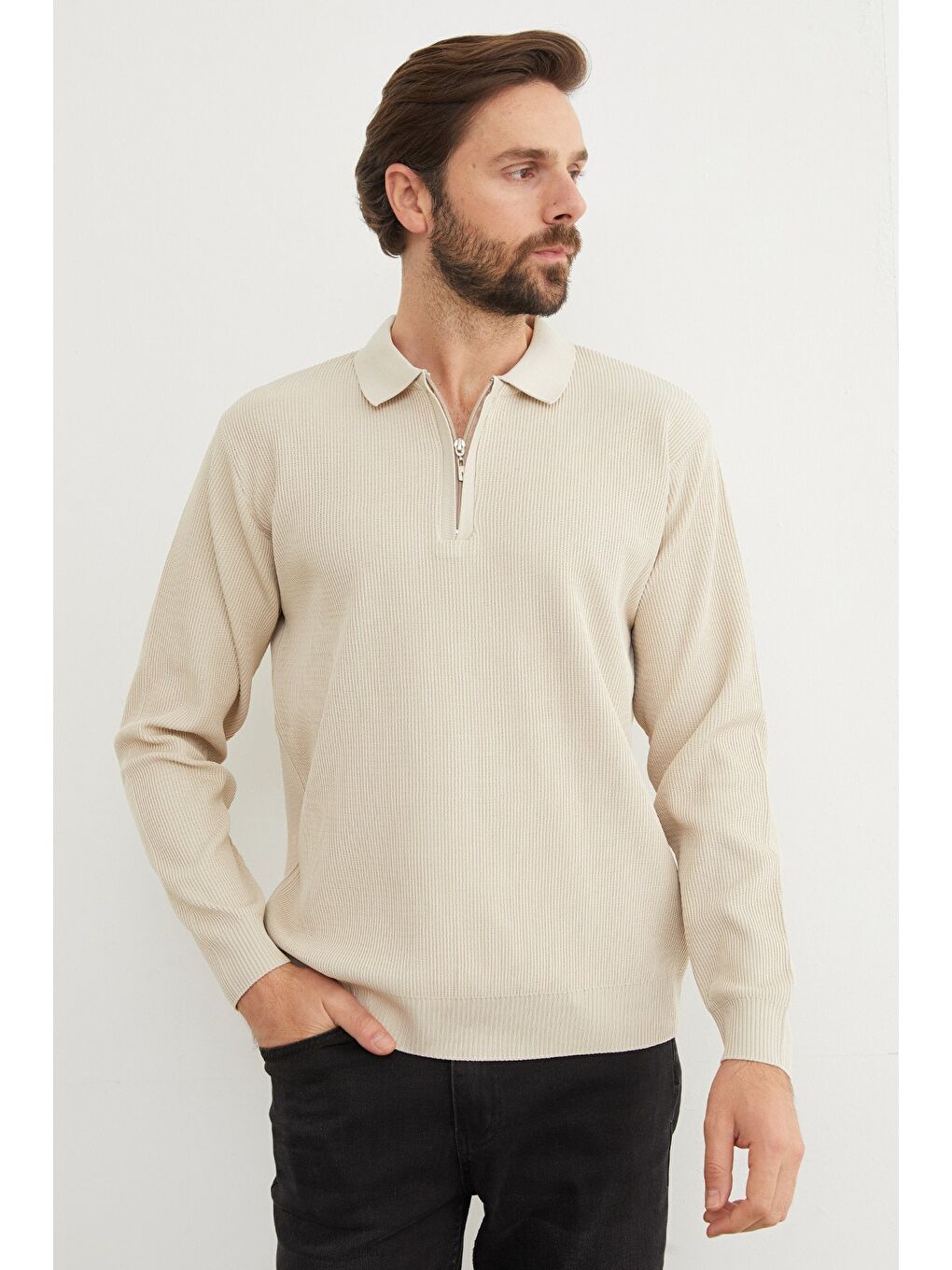 Bej Fitilli Yarım Fermuarlı Triko Kazak-1