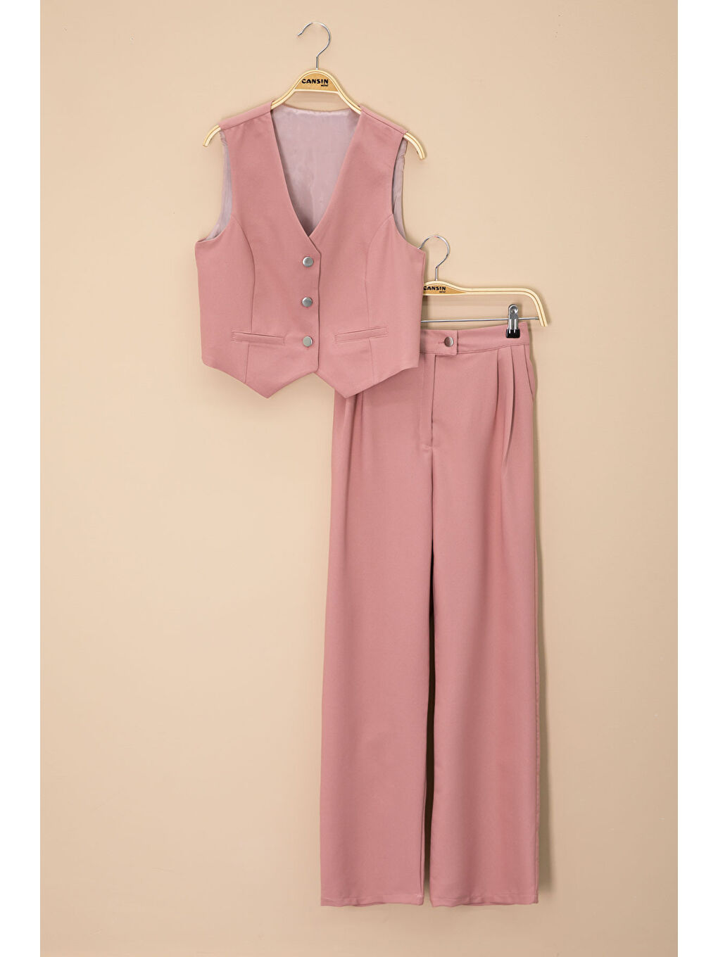 Pembe V Yaka Düğmeli Yelekli Geniş Paça Pantolonlu Kız Çocuk 2li Takım 20724