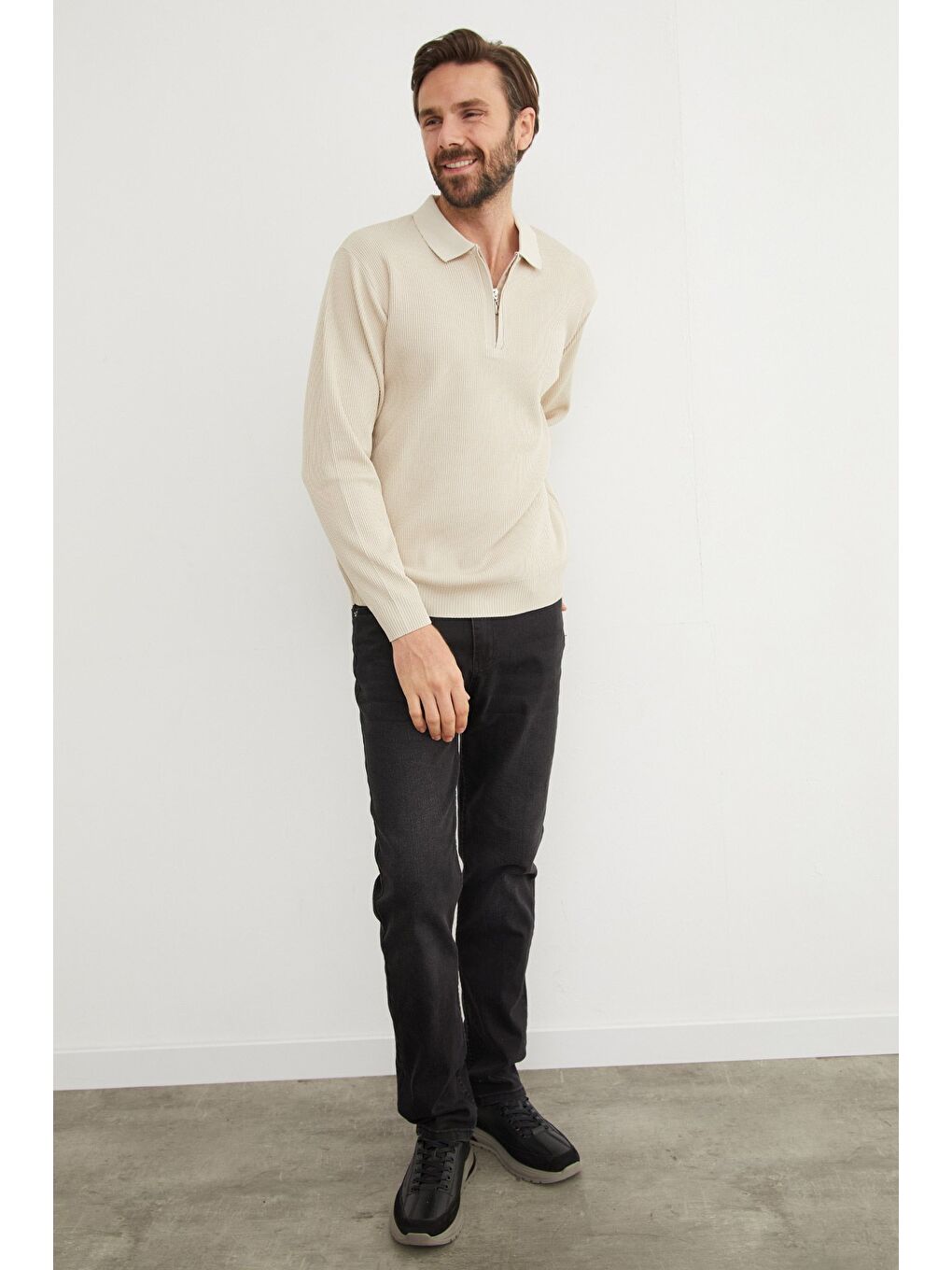 Bej Fitilli Yarım Fermuarlı Triko Kazak-2