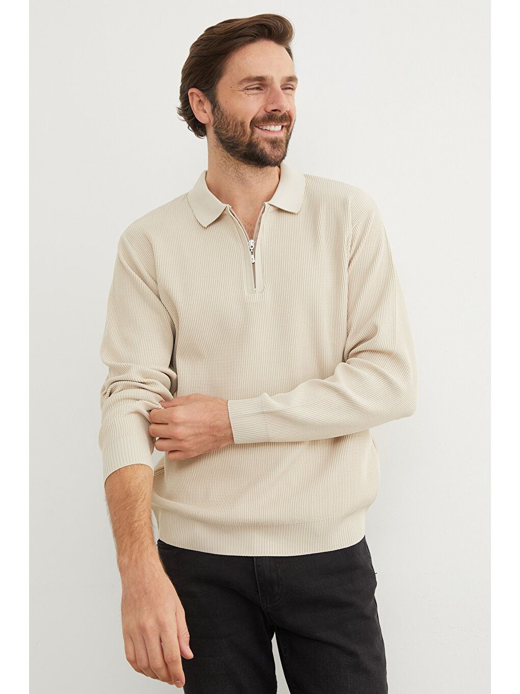 Bej Fitilli Yarım Fermuarlı Triko Kazak-3