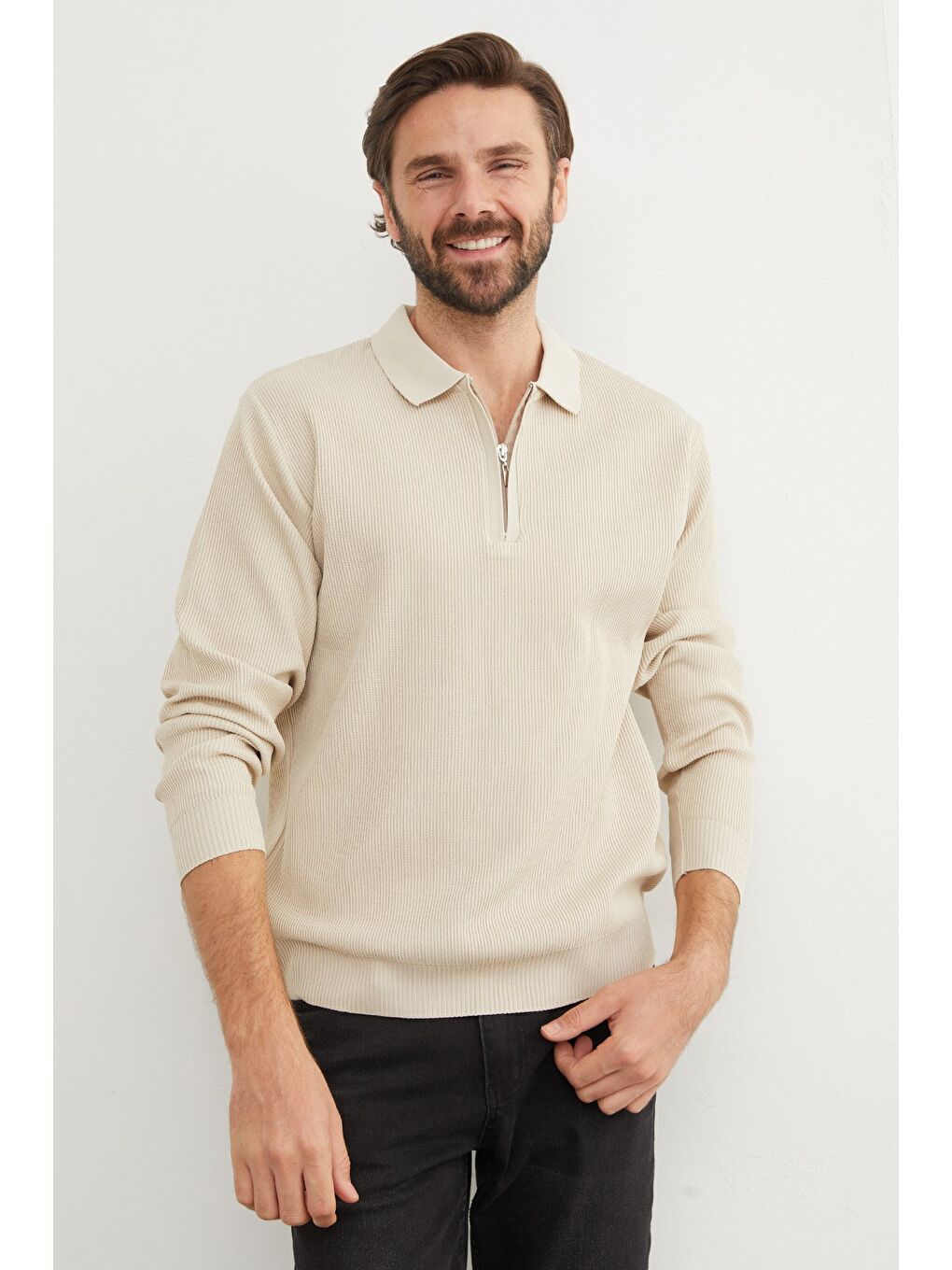 Bej Fitilli Yarım Fermuarlı Triko Kazak-4