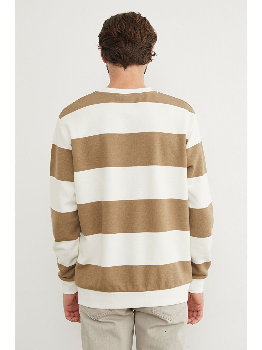 Bej Çizgili Bisiklet Yaka Sweatshirt-3