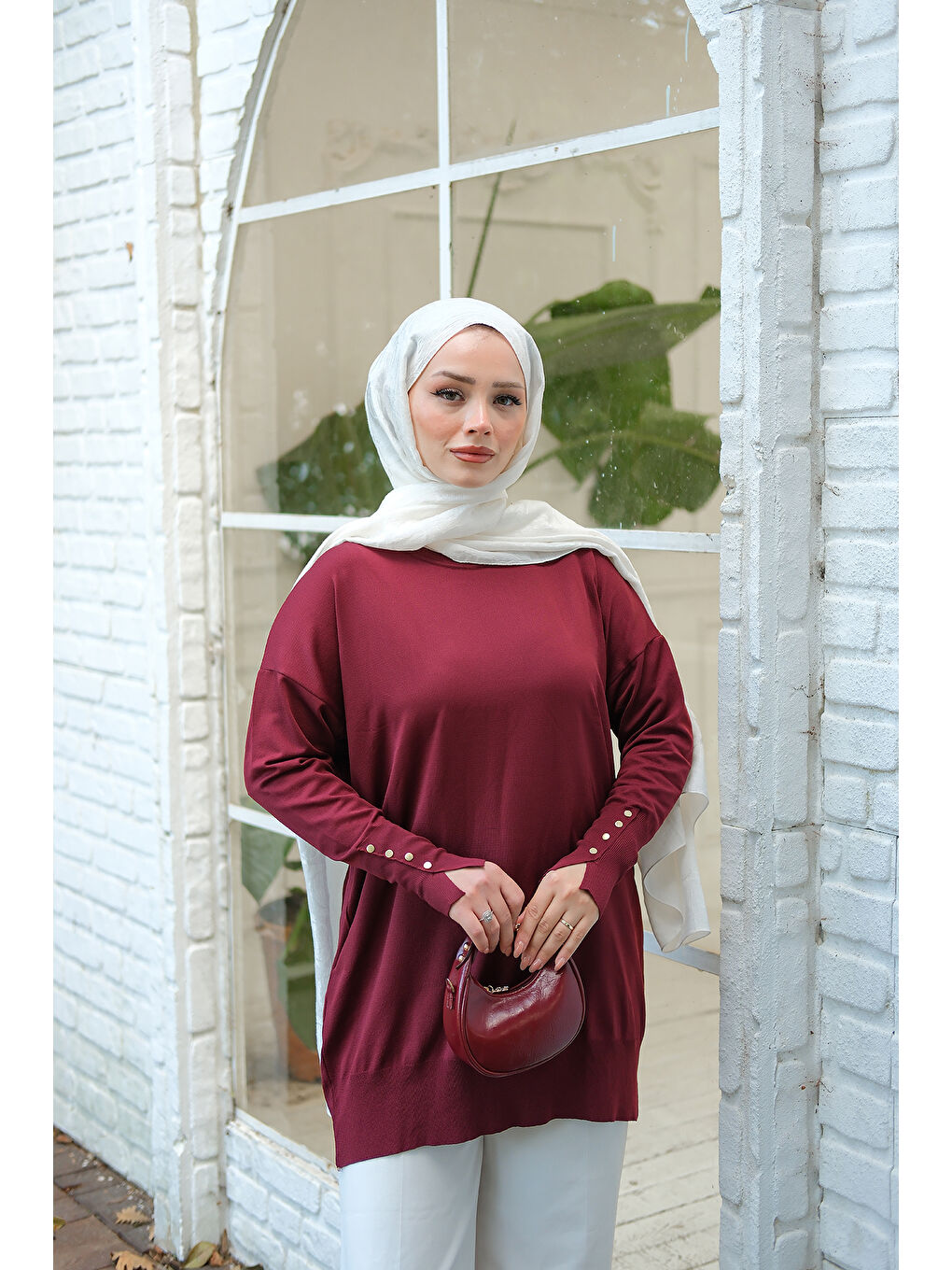 Kadın Bilek Gold Aksesuar Detay Tunik Bordo-1