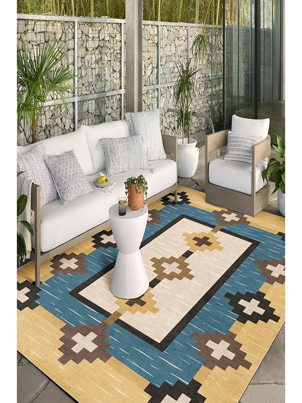 Sarı Dekoratif Salon Halısı, Makinada Yıkanabilir, Kaymaz Taban, İnce & Modern Tasarım-2