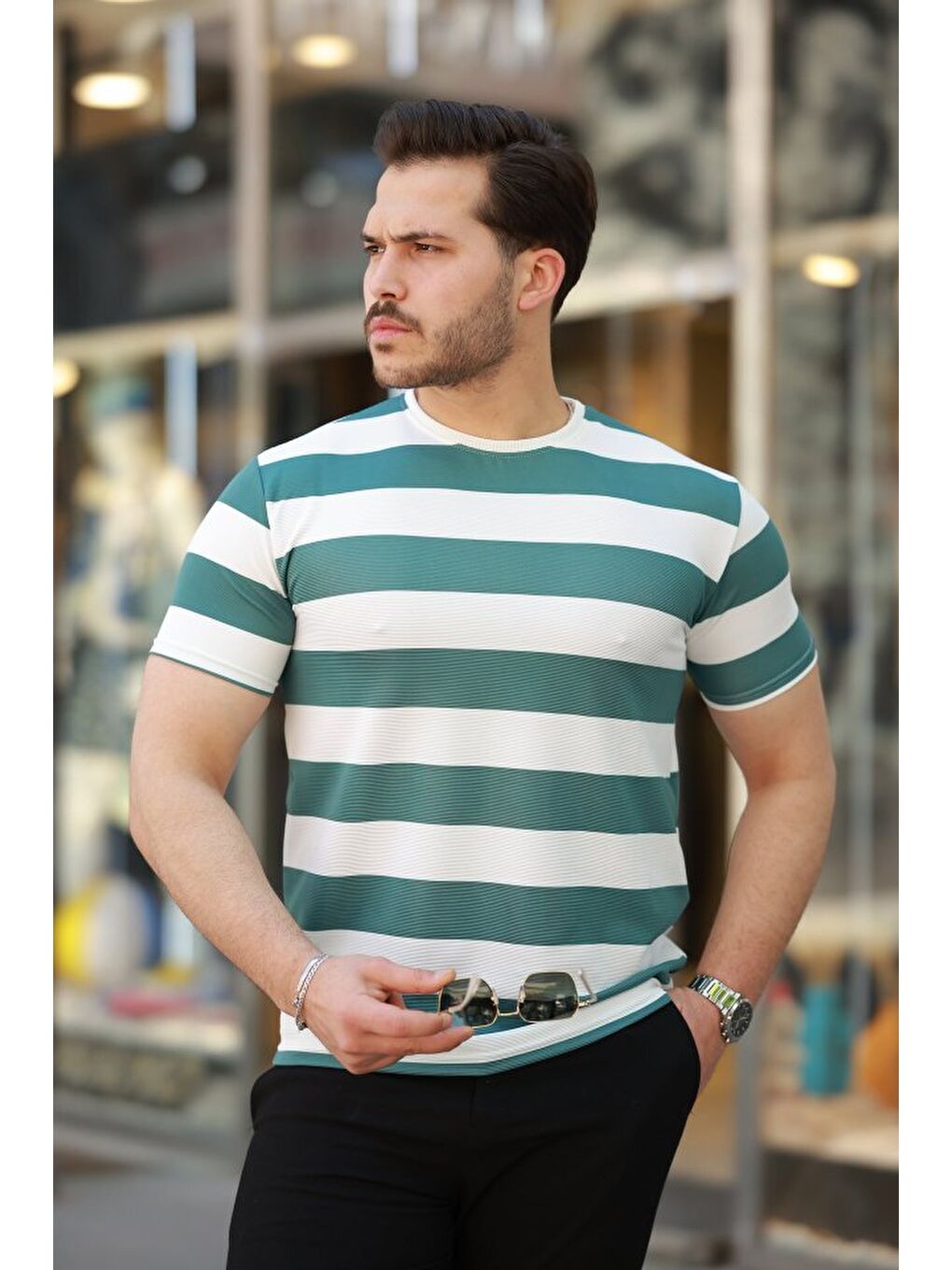 Yeşil Erkek çift Renk Pamuklu Kısa Kollu Tişört