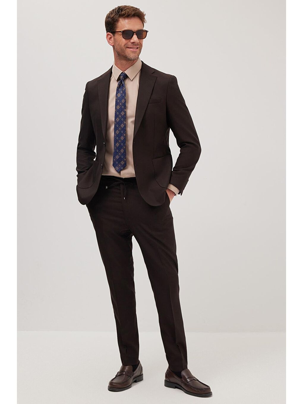Erkek Slim Fit Mono Yaka Elastanlı Esnek Kumaş Kahverengi Takım Elbise