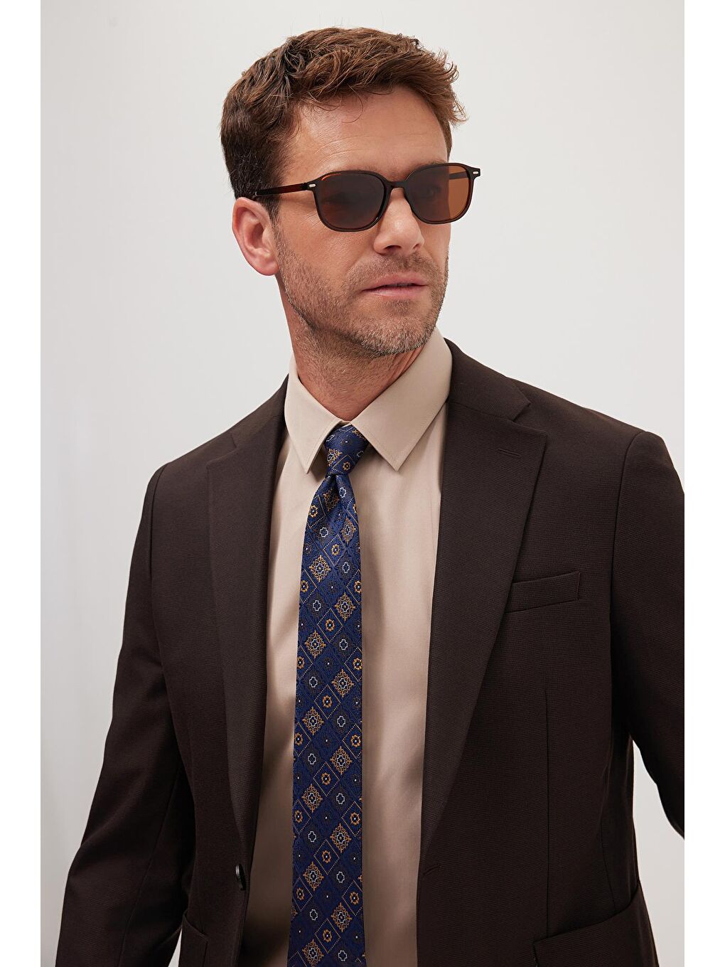 Erkek Slim Fit Mono Yaka Elastanlı Esnek Kumaş Kahverengi Takım Elbise-1