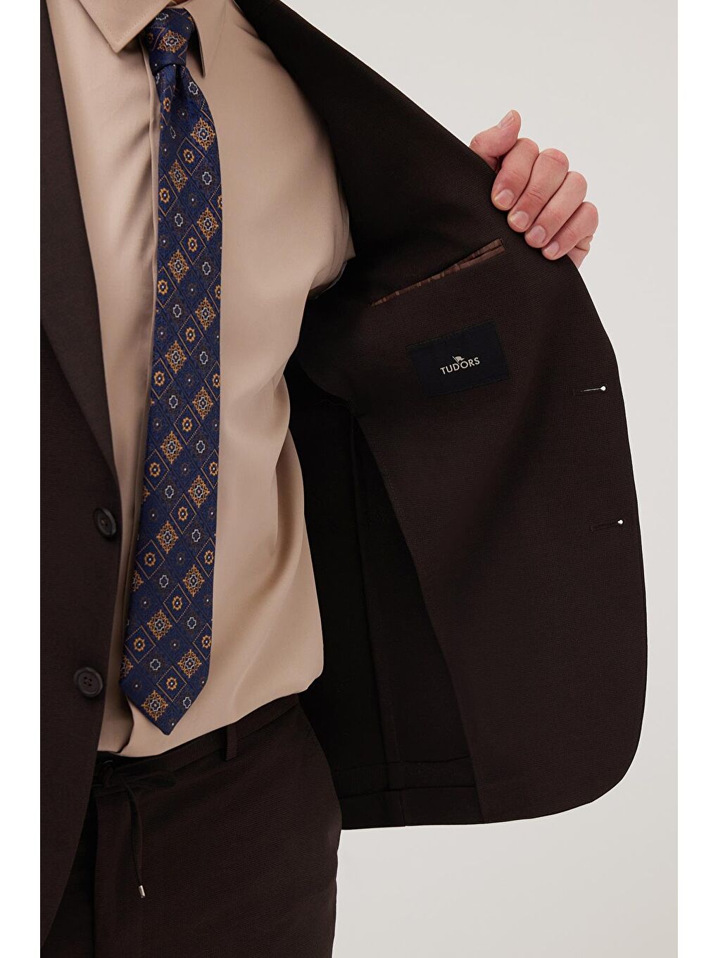 Erkek Slim Fit Mono Yaka Elastanlı Esnek Kumaş Kahverengi Takım Elbise-2