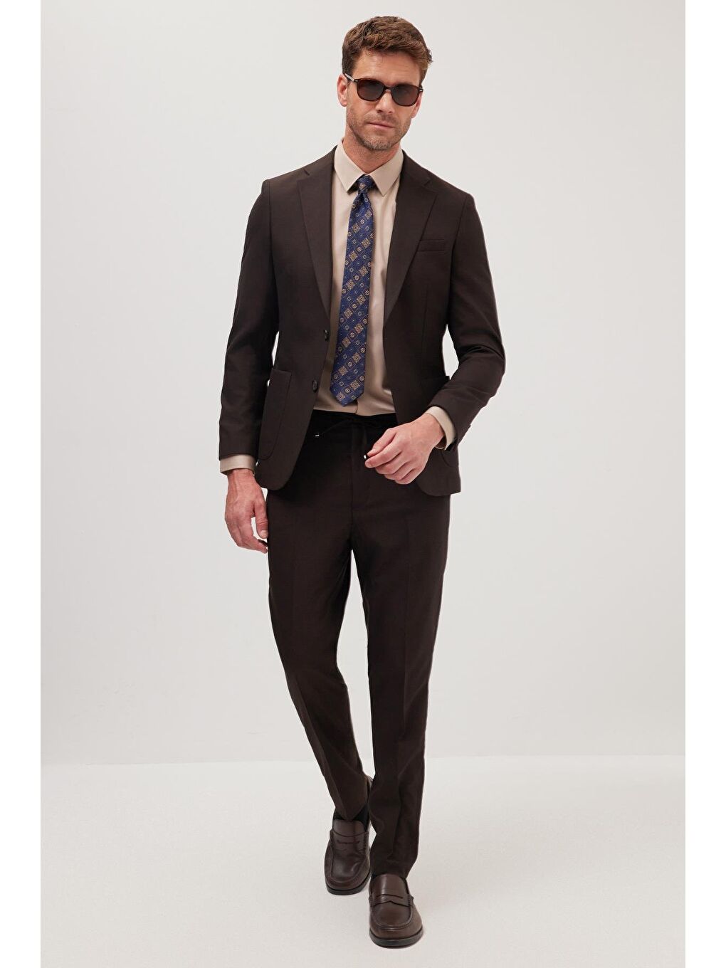 Erkek Slim Fit Mono Yaka Elastanlı Esnek Kumaş Kahverengi Takım Elbise-3