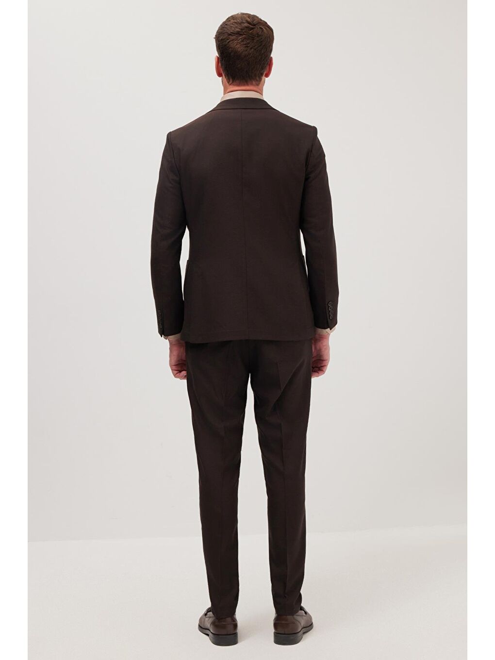 Erkek Slim Fit Mono Yaka Elastanlı Esnek Kumaş Kahverengi Takım Elbise-6